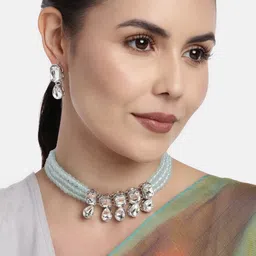 I Jewels Turquoise Blue Crystal Stone Studded Rhodium-Plated Choker Jewellery Set-image-83