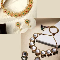 ASMITTA JEWELLERY Set Of 2 Gold-Plated Stone Studded & Beaded Choker Jewellery Set image 3