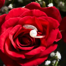 AMI Rose Women Gold-Plated White CZ-Studded & Pearl Beaded Adjustable Finger Ring image 1