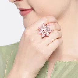 JEWELS GEHNA Pink Rose Gold-Plated AD-Studded Handcrafted Adjustable Floral Finger Ring image 4