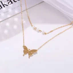 Jewels Galaxy Women Off-White Gold-Plated Butterfly-Shaped Beaded Layered Necklace image 1