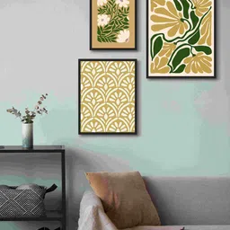 999Store Cream-Coloured & Green 3 Piece Canvas Floral and Botanical Wall Paintings image 1