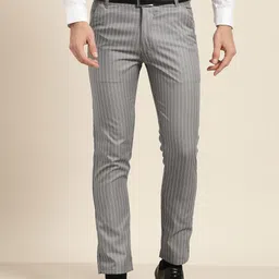 SOJANYA Men Grey & Off-White Smart Fit Striped Formal Trousers image 1