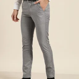 SOJANYA Men Grey & Off-White Smart Fit Striped Formal Trousers image 2