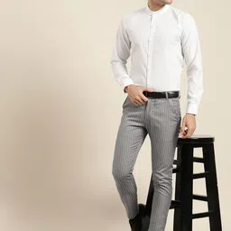 SOJANYA Men Grey & Off-White Smart Fit Striped Formal Trousers image 4