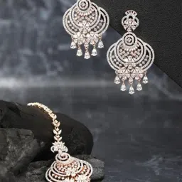 priyaasi Women Rose Gold-Plated American Diamond-Studded Earrings & Mangtika Set image 1