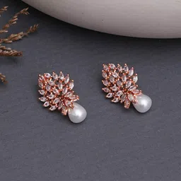 trink Women Rose Gold-Plated American Diamond-Studded Pearl Drop Earrings image 1