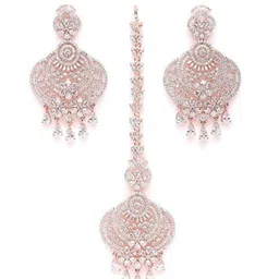 priyaasi Women Rose Gold-Plated American Diamond-Studded Earrings & Mangtika Set image 2
