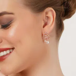 trink Women Rose Gold-Plated American Diamond-Studded Pearl Drop Earrings image 2