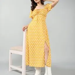 Shein Vintage Puff Sleeves Slit Polka-Dot Pattern Stylised Maxi Dress-picture-49
