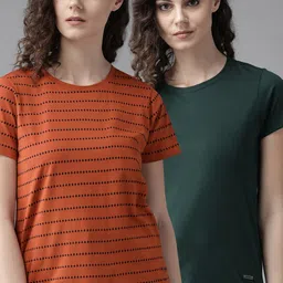 The Roadster Lifestyle Co Women Pack Of 2 Printed Round Neck Pure Cotton T-shirt image 1