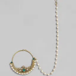 I Jewels Gold-Plated & Green Pearl Studded & Beaded Chained Nose Ring image 2