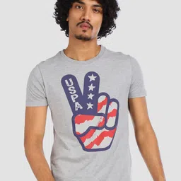 U.S. Polo Assn. Denim Co. Men Grey Slim Fit Brand Logo Printed Round Neck Pure Cotton T-shirt image 1