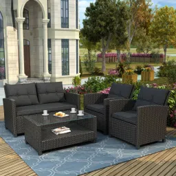 carry bird Bologna Wicker Table and Chair Set in Black Colour with Sofa image 1