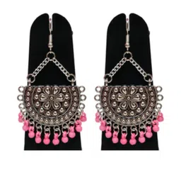 Weariton Women Silver Light Pink Beaded Half Moon Chand Earrings-image-12