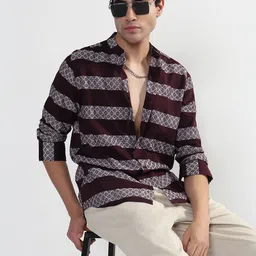 SHOWOFFFF Comfort Slim Fit Geometric Woven Design Band Collar Cotton Casual Shirt-image-23