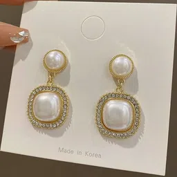 Zaphariq Silver-Plated CZ Studded And Pearls Beaded Korean Geometric Drop Earrings-picture-13