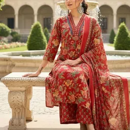 SZN Floral Printed V-Neck Kurta With Palazzos & Dupatta image 2
