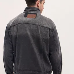 THE BEAR HOUSE Men Stand Collar Solid Cotton Casual Denim Jacket image 2