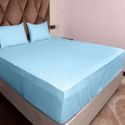 AJISH Turquoise Blue Striped 300 TC Single Bedsheet with sets 91.44 CM X 198.12 CM-image-8