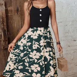 DressBerry Floral Print Button Detailing Shoulder Straps A-Line Midi Dress image 2