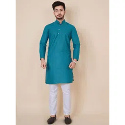 ALMORA Men Band Collar Pure Cotton Straight Kurta-picture-36