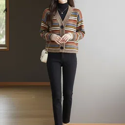HERE&NOW Women Beige Striped Wool V-Neck Long Sleeves Sweaters-picture-39