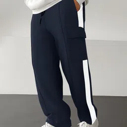 JUMPCUTS Men Mid Rise Relaxed Fit Colorblocked Side Stripes Track Pants-picture-16