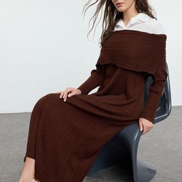 Trendyol Kahverengi Shirt Collar Colourblocked Midi Dress-picture-21