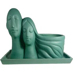 LASAKI Green Textured Ceramic Durable Planter With Plate image 2