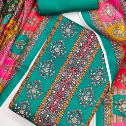 kalini Teal Franch Crepe Printed Mirror Work Unstitched Dress Material-picture-21