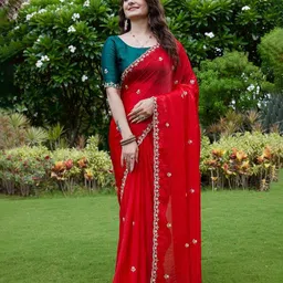 K 5 Fashion Floral Embroidered Beads and Stones Pure Chiffon Saree image 5