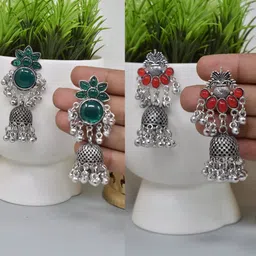 MEIRA JEWELLERY Set Of 2 German Silver-Plated Stones Studded & Beaded Dome Jhumkas-image-37