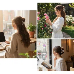 badodiya's Women Set of 2 T-shape And Half Moon Pearls Claw Clip image 3