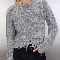 Trendyol Women Speckled Crop Cardigan with Fringed Detail image 4