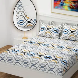YaAkholic White & Blue Geometric Microfiber 210 TC Fitted King Bedsheet Set-1.98m X 1.82m-image-16