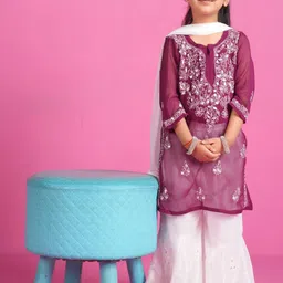 KHAKA Girls Embroidered Regular Chikankari Kurta with Palazzos & Dupatta Kurta Sets-picture-45