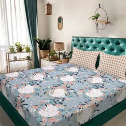 Aura Blue & White Floral Printed 300 TC King Bedsheet Set 2.5 m x 2.25 m-picture-33