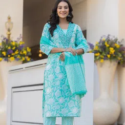 AARDRAA Floral Printed Mirror Work Pure Cotton Straight Kurta With Trousers & Dupatta-picture-21