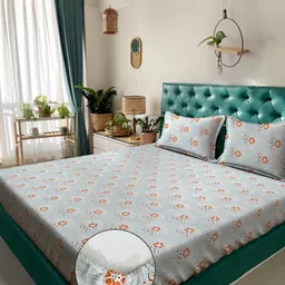 Klotthe Grey & Orange Floral Printed 400 TC Cotton King Bedsheet Set 2.50 m x 2.25 m image 1
