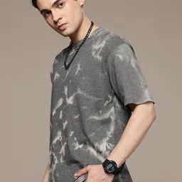 Moda Rapido Washed Effect Tie & Dyed Drop-Shoulder Sleeves Oversized Fit T-shirt image 2