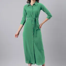 SHOWOFFFF Women Solid Georgette Tie-Ups Shirt Maxi Dress-image-8