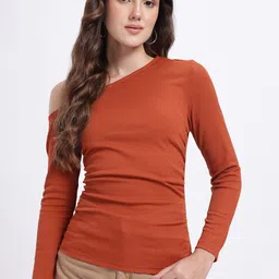 glitchez One-Shoulder Ruched Ribbed Fitted Top image 5