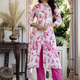 Pistaa Floral Printed Mandarin Collar Pure Cotton Kurta With Trousers-image-77