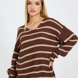 Styli Women V-Neck Striped Sweater With Volume Sleeve-picture-24