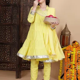 Sangria Girls Embroidered Mandarin Collar Pure Cotton A-Line Kurta & Churidar & Dupatta-picture-31