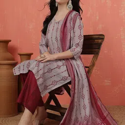 Anouk Geometric Printed Thread Work Straight Kurta With Trousers And Dupatta image 2