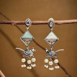 NAMAN ARTS Silver Plated Stones Studded & Beaded Oxidised Contemporary Drop Earrings-picture-37