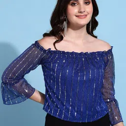 MISS HAUTE Embellished Off-Shoulder Bell Sleeve Sheen Net Top-picture-17