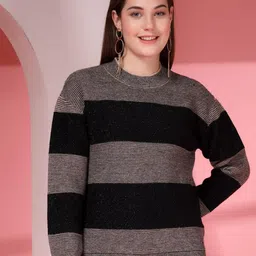 Juelle Women Checked Mock Collar Long Sleeves Woollen Pullover-image-40